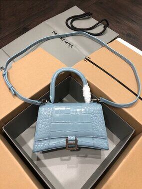 Balenciaga Hourglass Blue Leather Top Handle Crossbody Bag B Logo